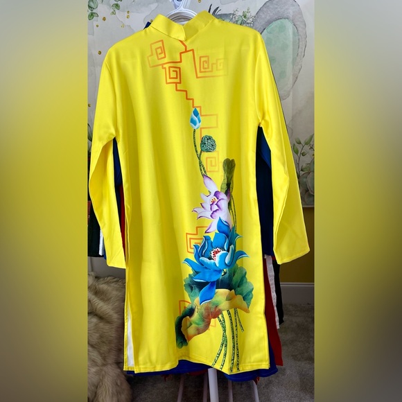 ao dai nam lụa in sen, Vietnamese men’s contemporary long dress top yellow s 5xl - Picture 3 of 5